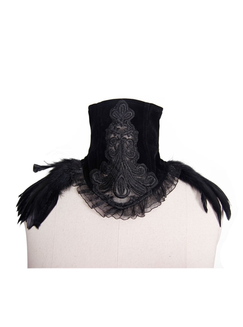 Black Gothic Feather Decorated Lace Velveteen Collar