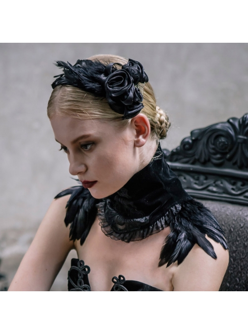 Black Gothic Feather Decorated Lace Velveteen Collar