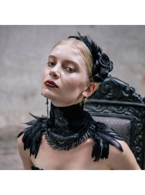 Black Gothic Feather Decorated Lace Velveteen Collar