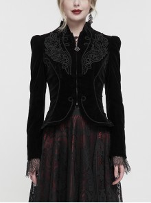 Black Stand Collar Velvet Appliqué On Chest Pendant Zipper Autumn And Winter Short Long Sleeve Gothic Jacket