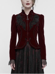 Wine Red Stand Collar Velvet Appliqué On Chest Pendant Zipper Autumn And Winter Short Long Sleeve Gothic Jacket