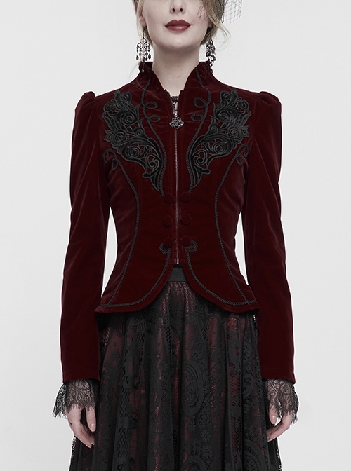 Wine Red Stand Collar Velvet Appliqué On Chest Pendant Zipper Autumn And Winter Short Long Sleeve Gothic Jacket