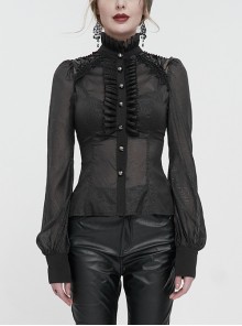 Black Ruffles On Chest Shoulder Back Tie Detail  See-Through Pattern Material Gothic Long Sleeve Stand Collar Shirt