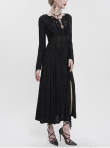 Black Knitting Symmetrical AppliquéD And String At The Chest Gothic Dark Pattern Long Sleeve Long Dress