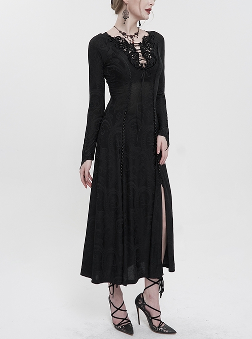 Black Knitting Symmetrical AppliquéD And String At The Chest Gothic Dark Pattern Long Sleeve Long Dress