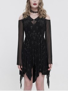 Black Embroidered And Beaded Neckline Stretch-Mesh Flared Sleeves Gothic Cross Print Dress