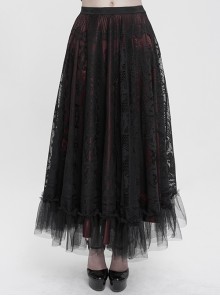 Black And Red Lace Flower Mesh Hem Paneled Ruffles Gothic Lace Big Swing Skirt