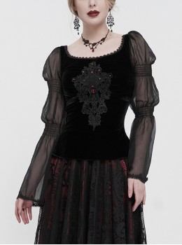 Black Velvet Paneled Chiffon Long Sleeves Chest Appliqué With Blood Red Diamonds Gothic Spring Autumn T-Shirt