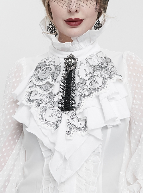 Chiffon Ruffle Three-Dimensional Lace With Beads In The Middle Black Embroidered White Gothic Bow Tie