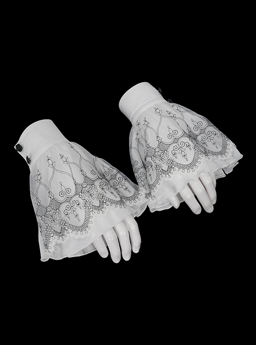 White Chiffon With Black Embroidery Thread Adjustable Gothic Oversleeves
