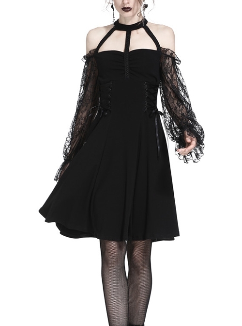 Black Off-Shoulder Lace-Up High Waisted Lace Gothic Dress