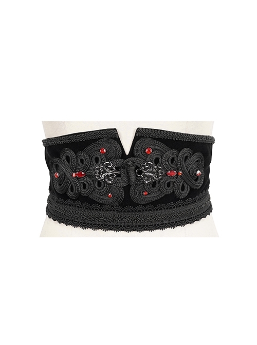 Black Suede Big Plate Buckle Embellished With Red Diamonds Back Strap Gothic Girdle