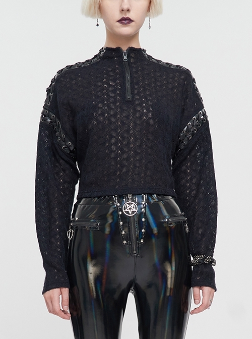 Black Wool Dropped Shoulders Perforated Sleeves Strap Connection Neck Zipper Loose Punk Long Sleeve Sweater