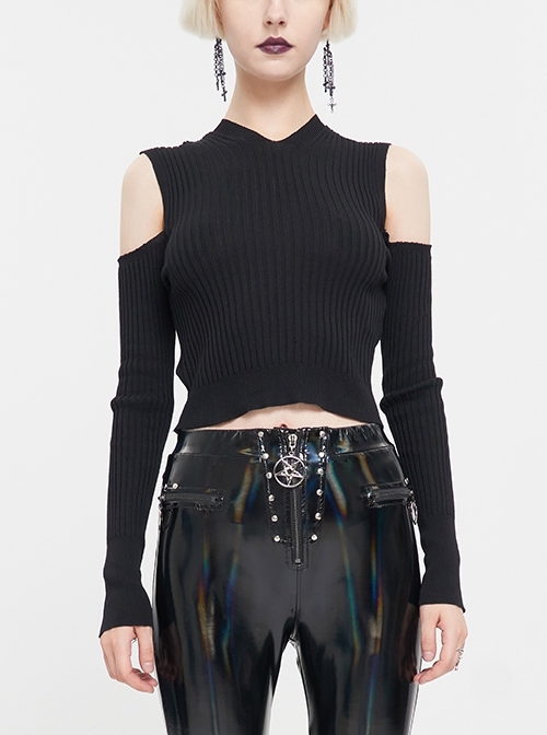 Hooded Off-The-Shoulder Back Cutout Rope String Upside Down Pentagram Black Wool Knit Punk Long Sleeve Sweater