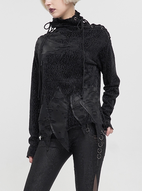 Wool Fabric Distressed Stitching Irregularly Pointed Hem Black Decadent Wind Punk Long Sleeve Sweater