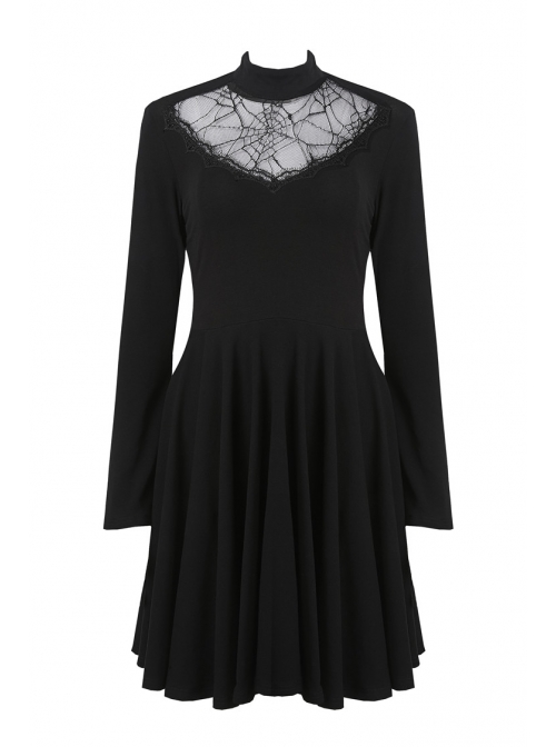 Black Hollow Spiderweb Pattern High Waisted Long Sleeves Punk Dress