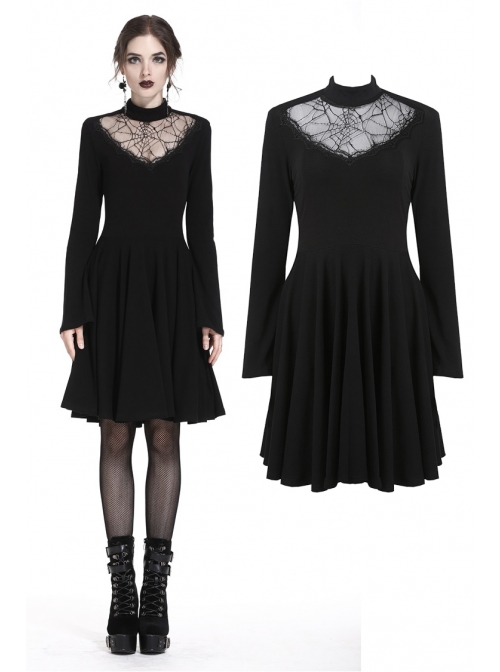 Black Hollow Spiderweb Pattern High Waisted Long Sleeves Punk Dress