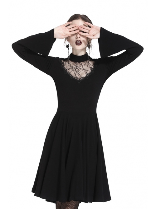 Black Hollow Spiderweb Pattern High Waisted Long Sleeves Punk Dress