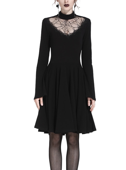Black Hollow Spiderweb Pattern High Waisted Long Sleeves Punk Dress