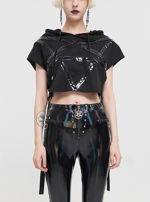 Short Front Long Back Stitched Shiny Leather Inverted Pentagram Shape Black Punk Long Sleeve Hoodie
