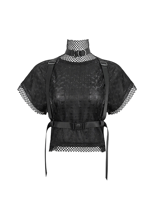 Black Mesh Stitching Diamond Mesh High Collar With Nylon Strap Punk Short Sleeve T-Shirt