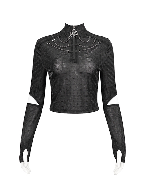 Mid-High Collar Front Neck Zipper Hanging Chain Black Mesh Fabric Punk Long Sleeve T-Shirt