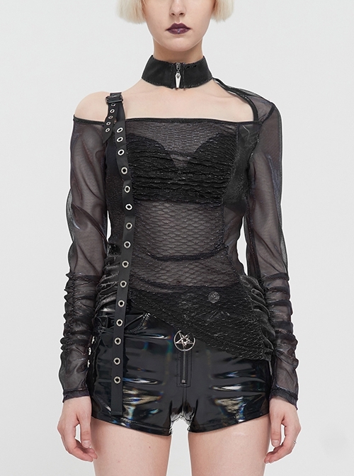 Neck Zipper Asymmetric One Shoulder Strap Black Color Changing Mesh Punk Transparent Long Sleeve T-Shirt