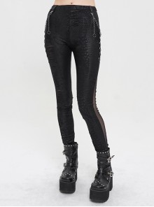 Black Knitted Fabric Detachable Chain Trim Punk Irregular Semi-Perspective Knit Women'S Trousers