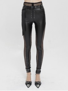 Faux Leather Stitching Mesh Punk Black Fake Two-Piece Networking Women'S Trousers