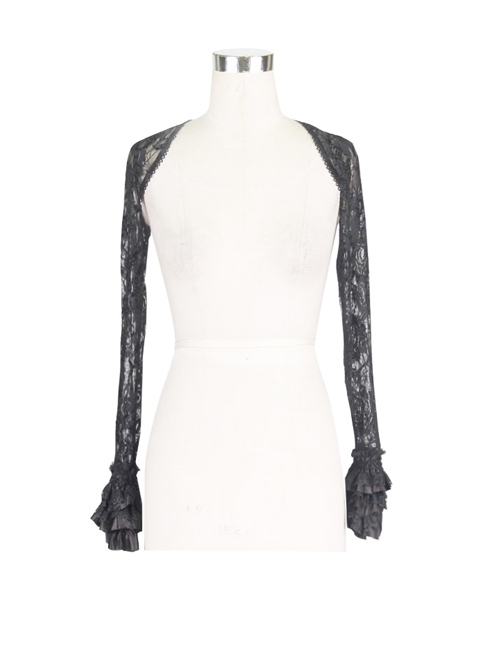 Black Gothic Fringe Lace Stretch Rose Net Flared Long-Sleeved Shawl
