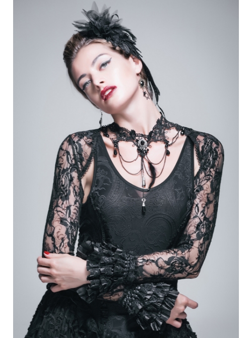 Black Gothic Fringe Lace Stretch Rose Net Flared Long-Sleeved Shawl