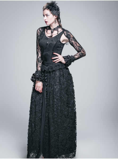 Black Gothic Fringe Lace Stretch Rose Net Flared Long-Sleeved Shawl