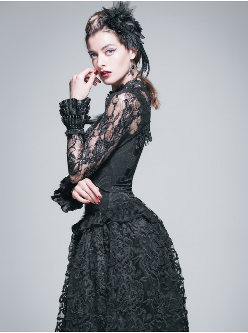 Black Gothic Fringe Lace Stretch Rose Net Flared Long-Sleeved Shawl