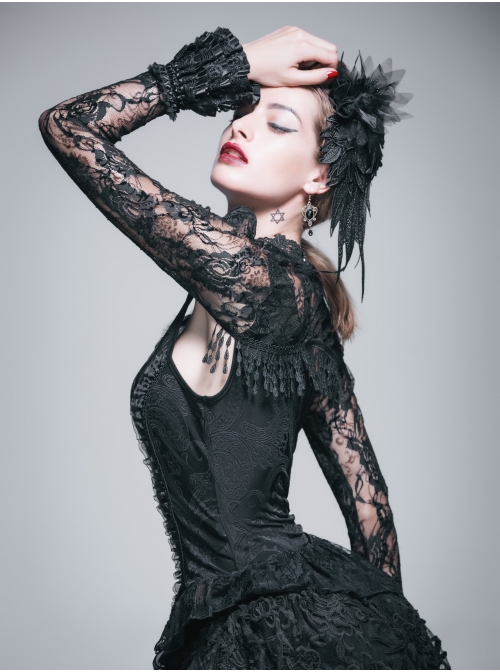 Black Gothic Fringe Lace Stretch Rose Net Flared Long-Sleeved Shawl