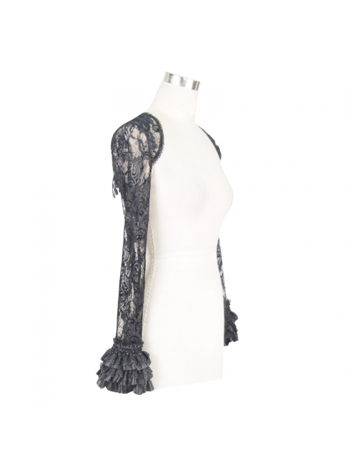 Black Gothic Fringe Lace Stretch Rose Net Flared Long-Sleeved Shawl