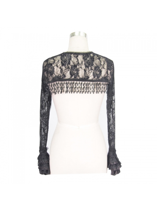 Black Gothic Fringe Lace Stretch Rose Net Flared Long-Sleeved Shawl