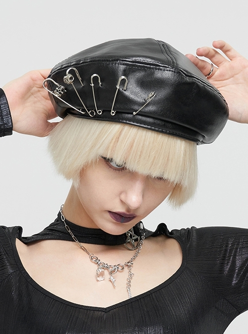 Black Leather Material Pin Skull Decoration Fashion Retro Gothic Adjustable Beret