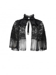 Black Three-Dimensional Butterfly Mesh Front Center Tether Hem Lace Gothic Stand Collar Shawl