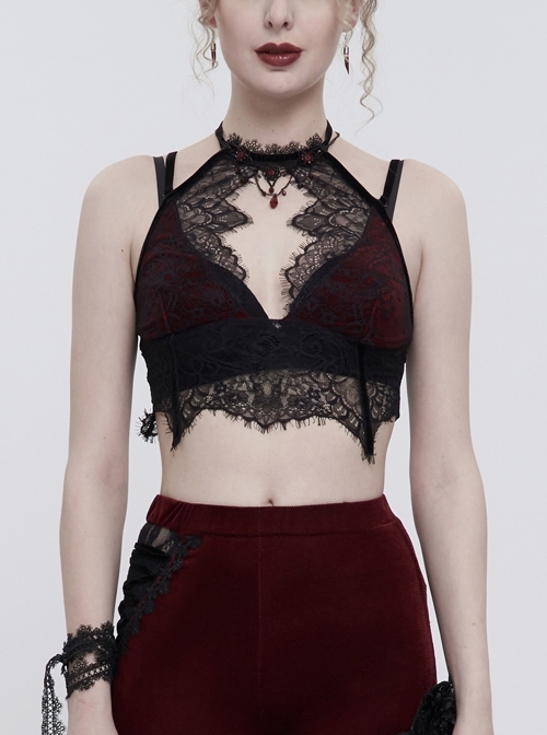 Burgundy Velvet Chest Cutout Lace Hidden Side Zipper Sexy Halter Lingerie