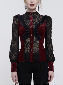 High Neck Lace Fake Bra Design Splicing Three-Dimensional Butterfly Mesh Gothic  Wine Red Velvet Shirt