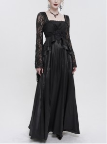 Lace Pointy Large Sleeves Back Middle Zipper Gothic Black Satin Long Floor Length Party Dress
