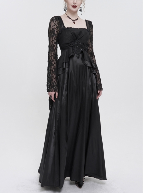 Lace Pointy Large Sleeves Back Middle Zipper Gothic Black Satin Long Floor Length Party Dress