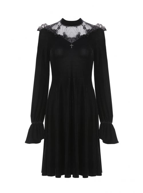 Black Cross Hollow Embroidery Lace Long Sleeve  Velvet Gothic Dress