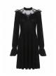 Black Cross Hollow Embroidery Lace Long Sleeve  Velvet Gothic Dress