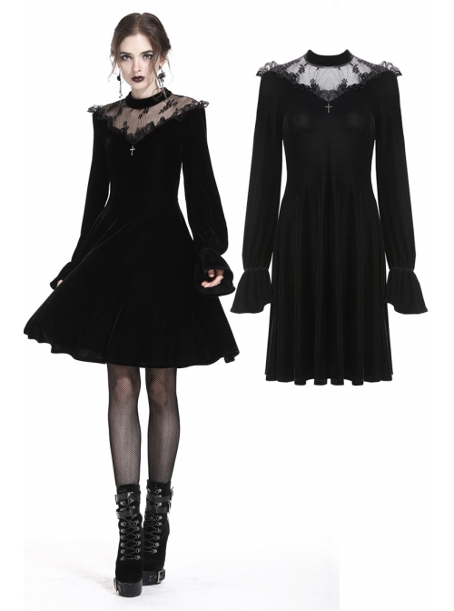 Black Cross Hollow Embroidery Lace Long Sleeve  Velvet Gothic Dress
