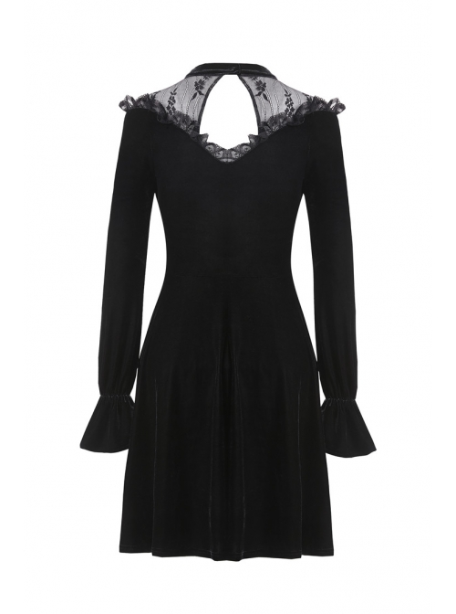 Black Cross Hollow Embroidery Lace Long Sleeve  Velvet Gothic Dress