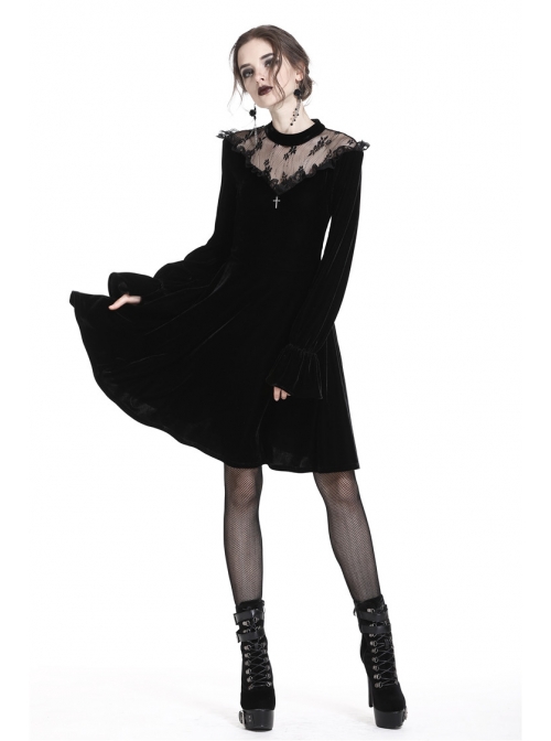 Black Cross Hollow Embroidery Lace Long Sleeve  Velvet Gothic Dress