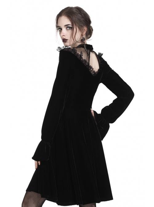 Black Cross Hollow Embroidery Lace Long Sleeve  Velvet Gothic Dress