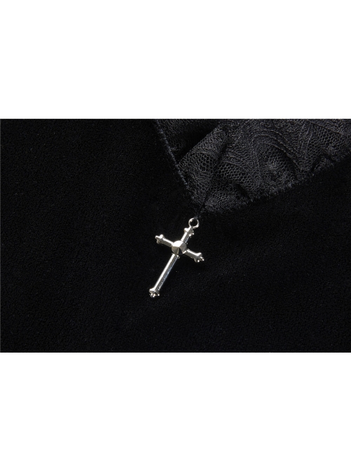 Black Cross Hollow Embroidery Lace Long Sleeve  Velvet Gothic Dress