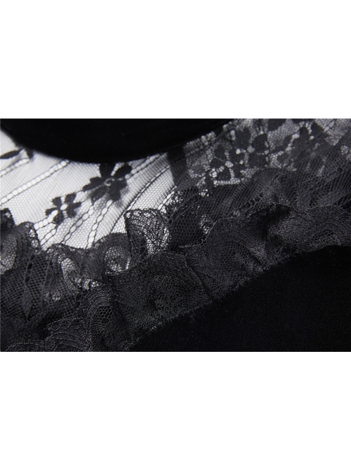 Black Cross Hollow Embroidery Lace Long Sleeve  Velvet Gothic Dress